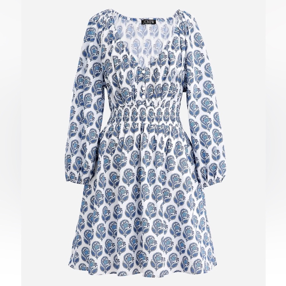 J.Crew V Neck Bouquet Block White Blue Dress Fit Flare XS Spring - Picture 2 of 5